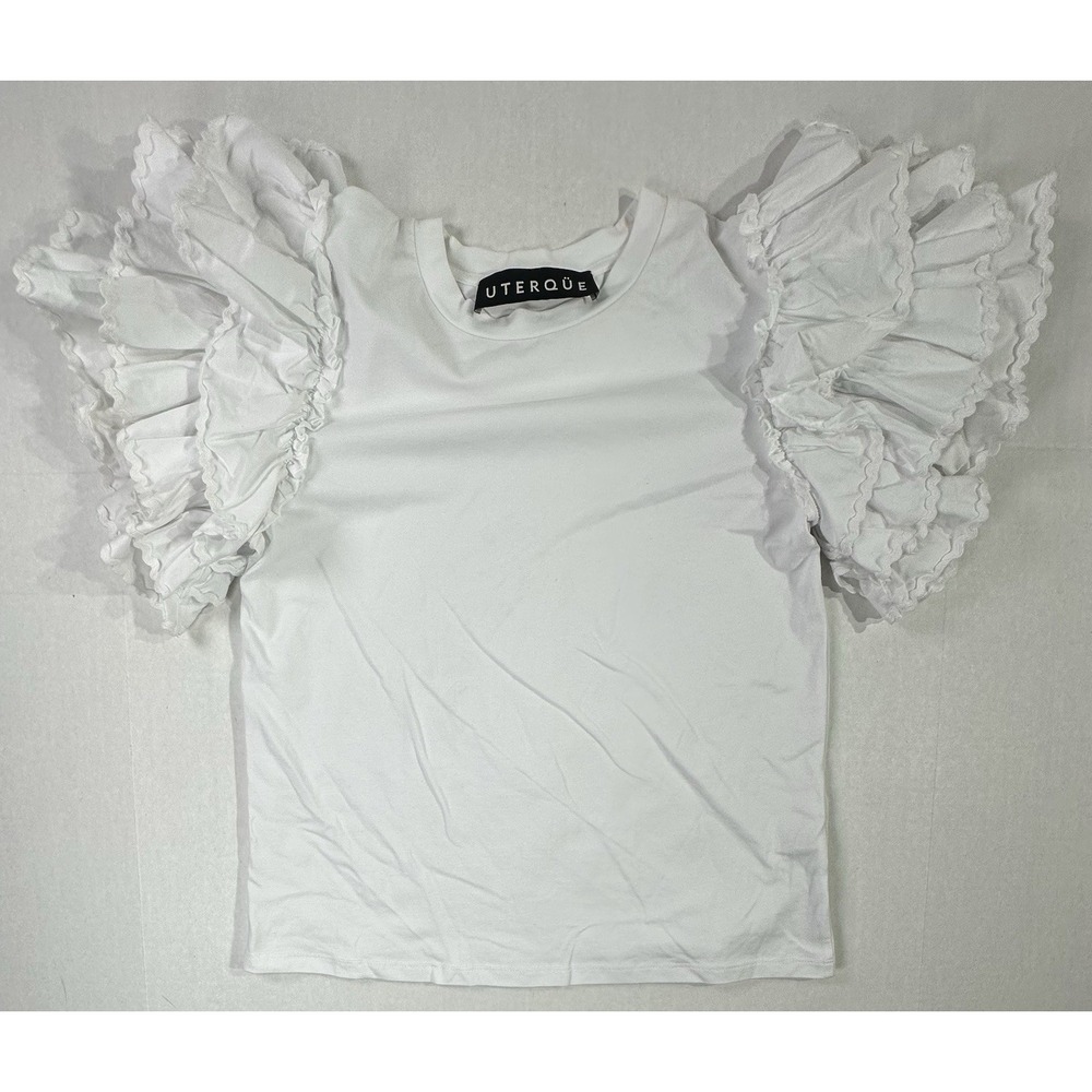 Uterqüe White Ruffle Sleeve Blouse Top Women's S Short Sleeve Statement Shirt